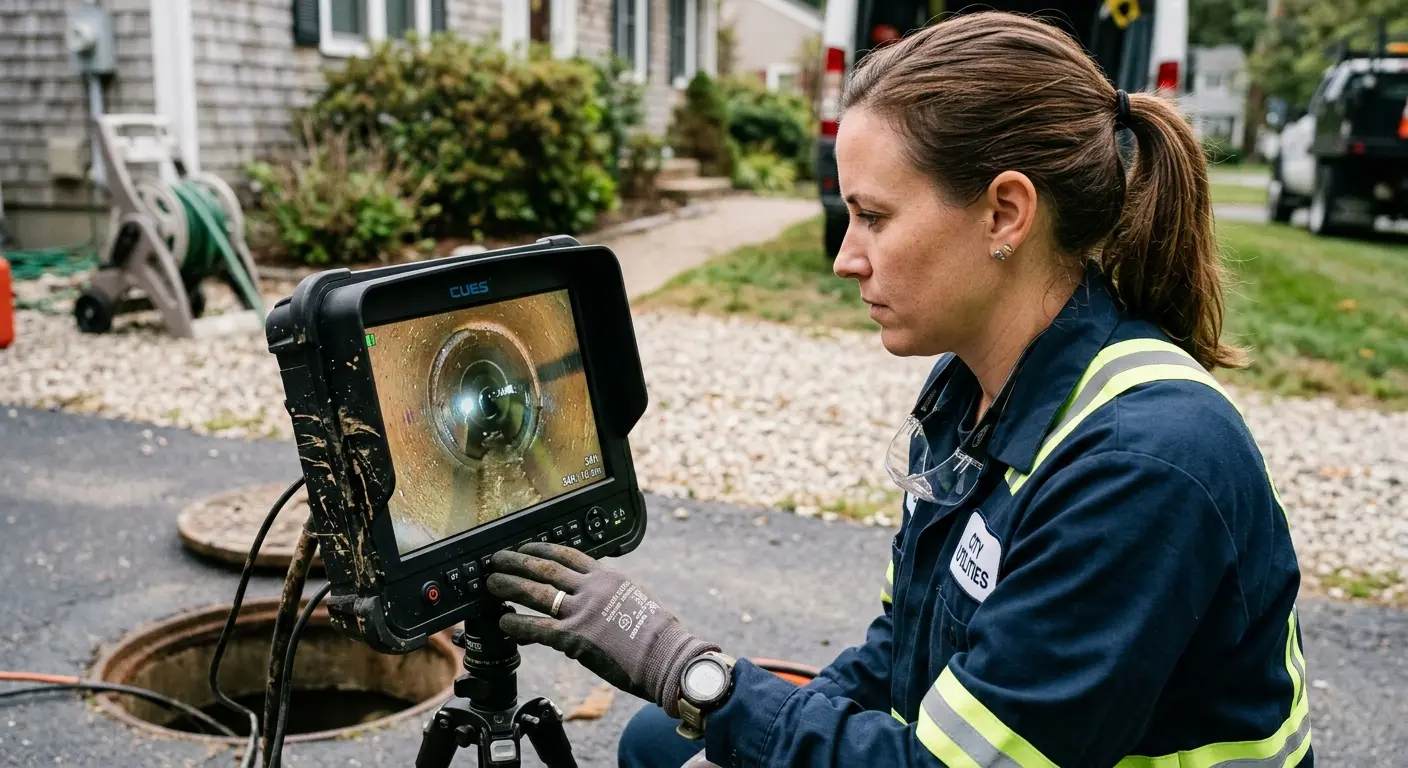 Technician reviewing sewer camera inspection footage in Hartford