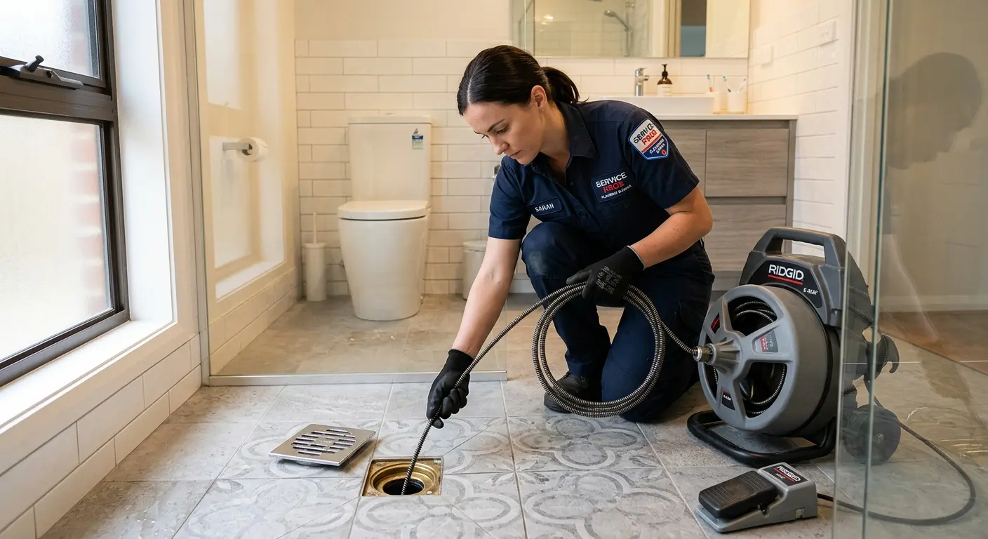 Technician clearing a bathroom floor drain for Drain Repair in Hartford